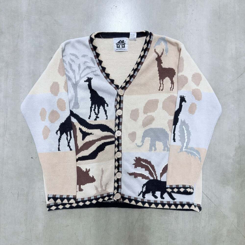 Vintage Storybook Knits Safari Animal Knit Cardigan Sweater Size L